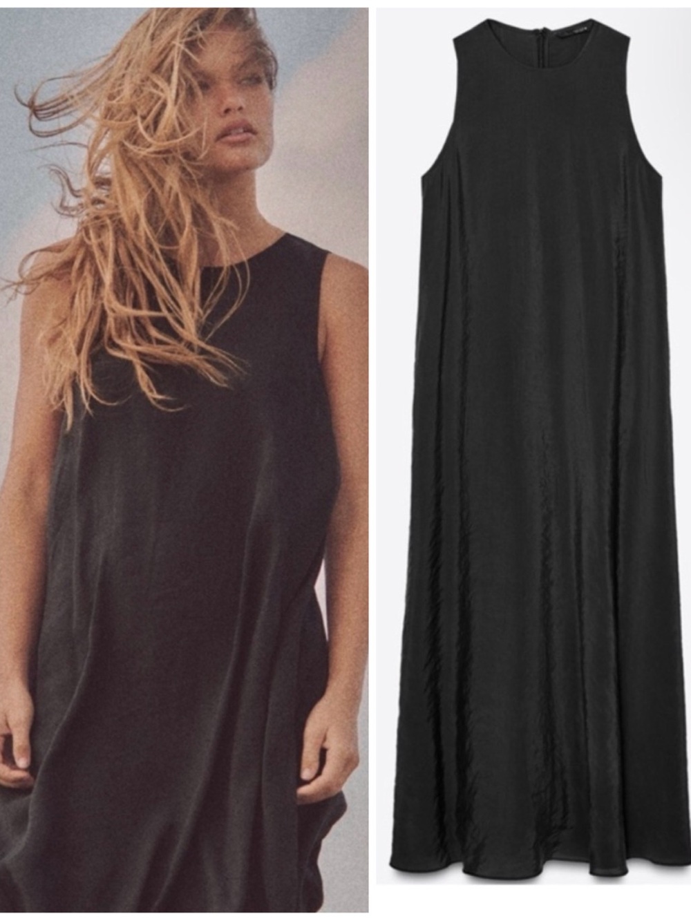 NWT Zara Sleeveless A-Line Maxi Dress Black Modal Blend Size M 3067/395